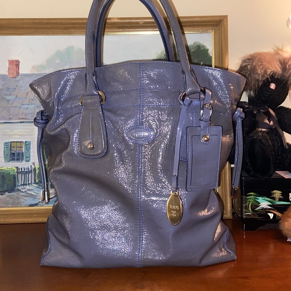 Tod's patent leather tote grayish purple silver hardware double handle
